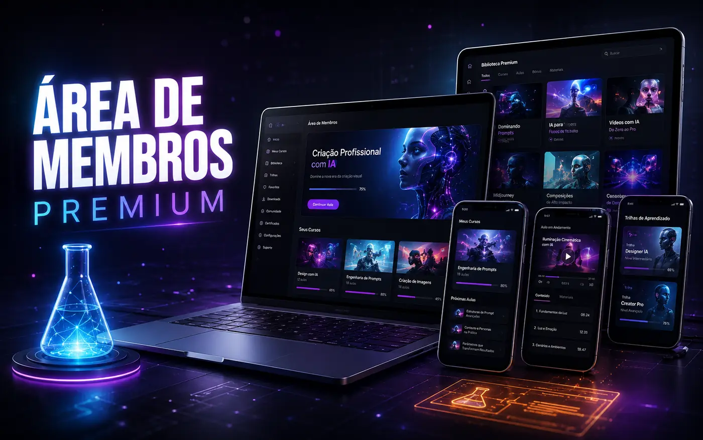 Área de membros premium apresentada em notebook, tablet e celulares
