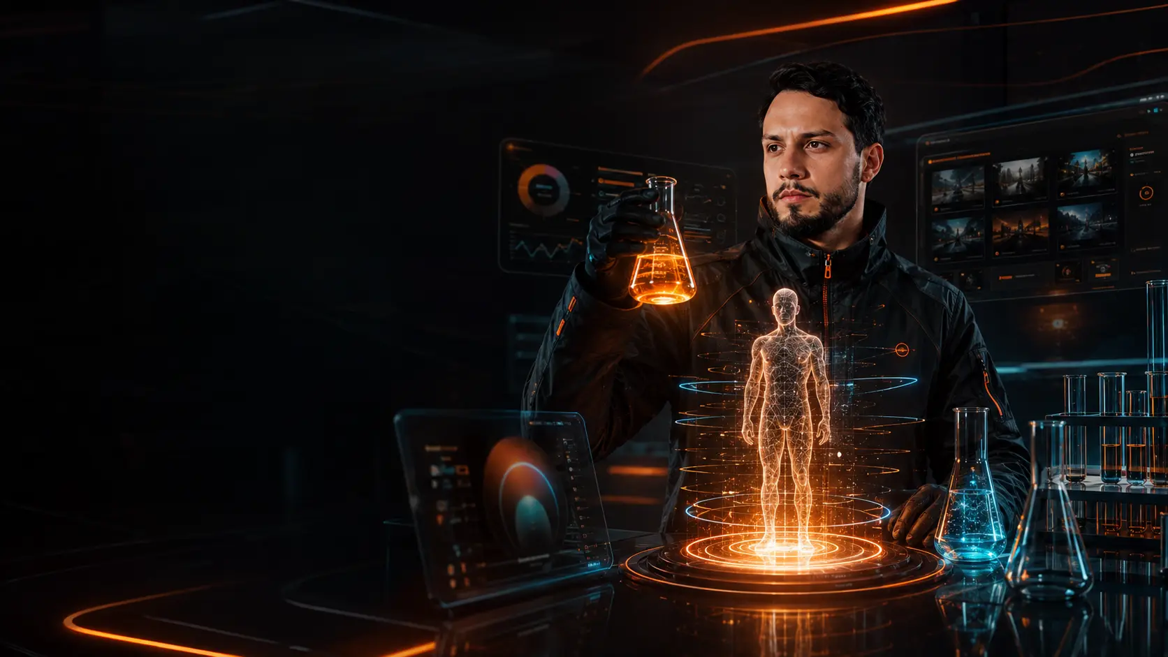 Criador do Vitrine AI em um laboratório visual futurista